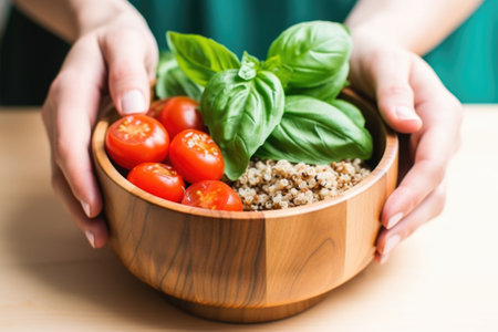 hand placing basil leaf on a quinoa bowl with tomatoes, created with generative aiの素材