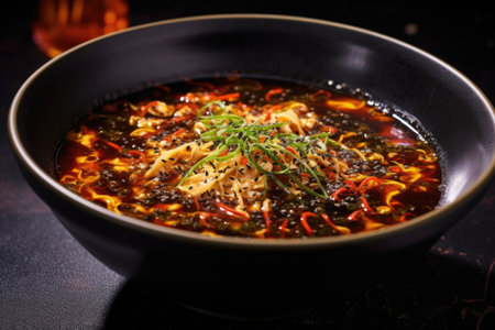 black bowl of spicy ramen filled with chili oil, created with generative aiの素材