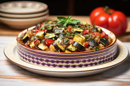 profile view of ratatouille on a ceramic plate, created with generative aiの素材