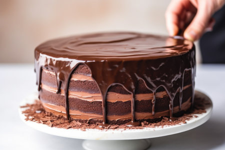 smoothing out a layer of vegan chocolate ganache on a raw cake with a spatula, created with generative aiの素材