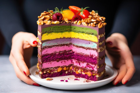 hand-layering a raw vegan rainbow cake with colorful fruit and nut layers, created with generative aiの素材