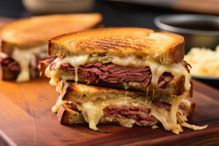 closeup shot of a grilled reuben sandwich with a melting cheese wheel, created with generative aiの素材