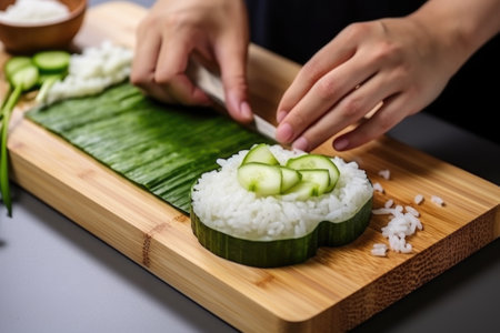 hand slicing ripe avocado on a wooden board with rice cakes, created with generative aiの素材