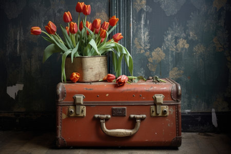 travel suitcase with a bouquet of tulips beside it, created with generative aiの素材