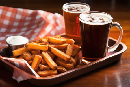 root beer on a tray with a fast food meal, created with generative aiの素材