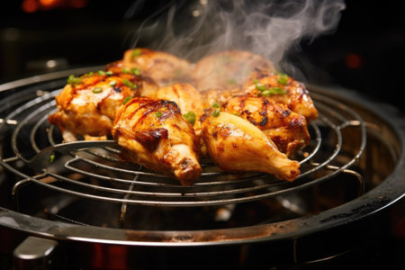 wet marinated spinning chicken over indoor grill, created with generative aiの素材