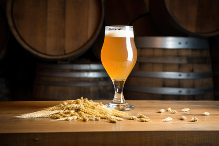 saison beer pint on a brewery table, created with generative aiの素材