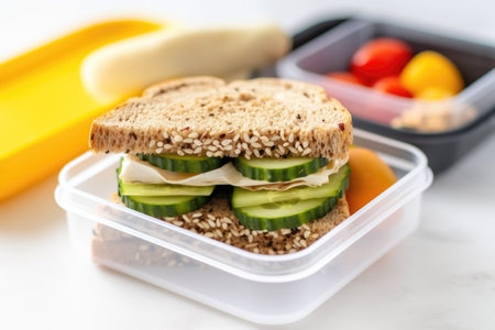 white lunchbox with a sandwich layered with pickles and mustard, created with generative aiの素材