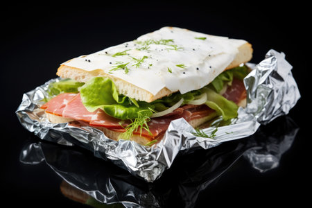 square sandwich protruding from crinkled foil wrapper, created with generative aiの素材