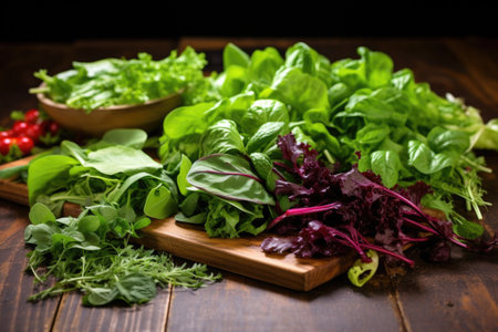 mixed salad leaves spread out on a wooden table, created with generative aiの素材