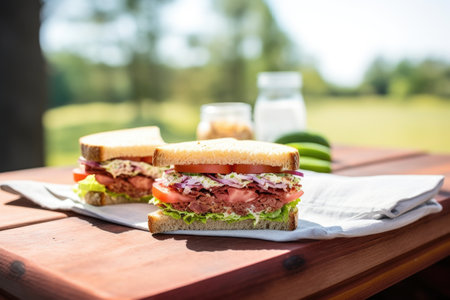homemade sandwich on clean, unpainted picnic table, created with generative aiの素材
