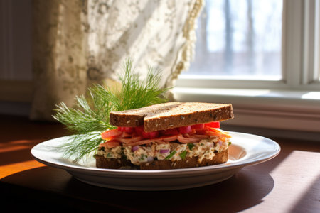 tuna sandwich garnished with dill sprigs on a sunny windowsill, created with generative aiの素材