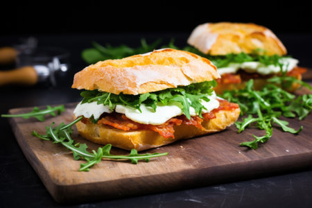 ciabatta sandwich garnished with parsley on a slate board, created with generative aiの素材