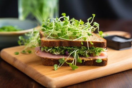 sandwich with microgreens and ham on rye bread, created with generative aiの素材
