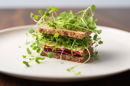 sandwich with microgreens on a white plate, created with generative aiの素材