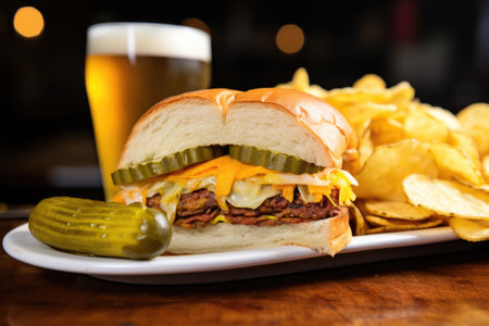 double cheese sandwich with a side of potato chips and pickles, created with generative aiの素材