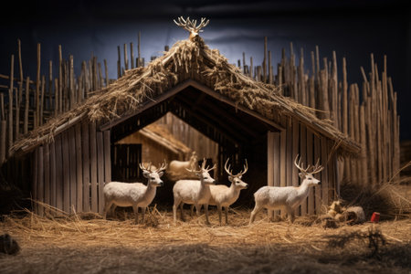 micro model of reindeer barn with hay and antlers, created with generative aiの素材