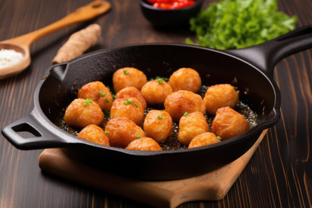 frying pan filled with sizzling miniature breakfast sausages, created with generative aiの素材