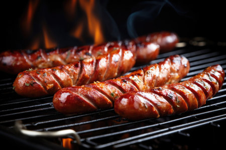freshly cooked sausage links on a shiny bbq grill, created with generative aiの素材