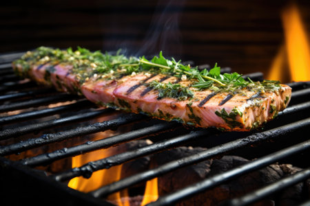 tuna steak marinated with herbs on a bbq, created with generative aiの素材