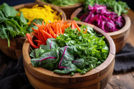 colorful salad greens closely packed in a wooden bowl, created with generative aiの素材