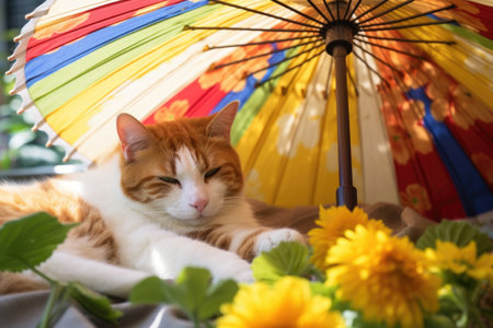 multicolored summer parasol beside a napping cat, created with generative aiの素材