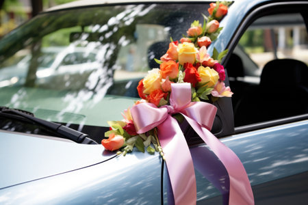 wedding car decorated with ribbons and flowers, created with generative aiの素材