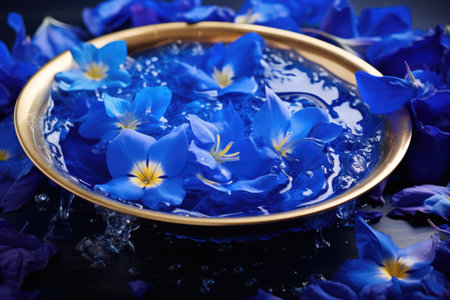 royal blue bathwater with floating flower petals, created with generative aiの素材