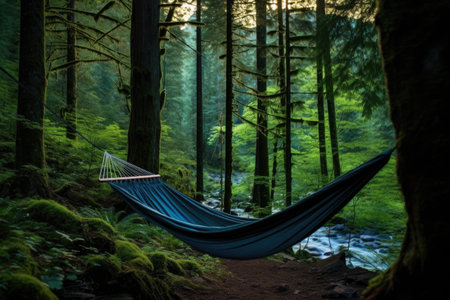 a pillow-filled hammock amidst tall trees in a forest, created with generative aiの素材