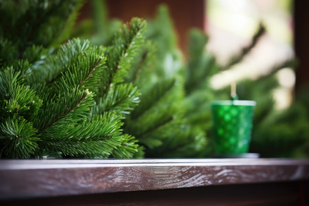 close-up of fresh green pine branches on an altar, created with generative aiの素材