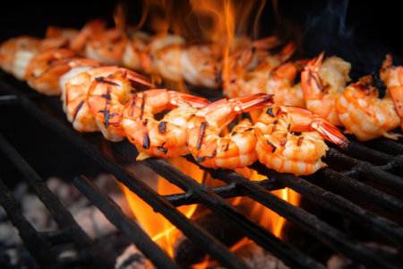 shrimp with grill marks, visibly hot flames underneath, created with generative aiの素材