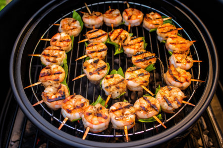 overhead view of shrimp grilling on a charcoal bbq, created with generative aiの素材