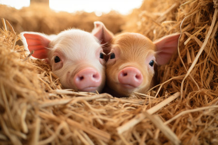 three piglets snuggling together in straw, created with generative aiの素材
