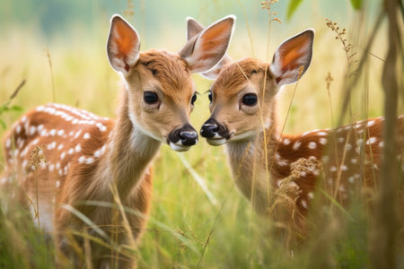 young fawn siblings grazing together in a grassy meadow, created with generative aiの素材