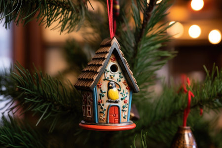 birdhouse ornament with a singing bird on a christmas tree, created with generative aiの素材