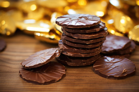 a pile of hanukkah gelt chocolate coins on a light wood surface, created with generative aiの素材
