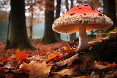 a lone mushroom under autumn foliage, created with generative aiの素材