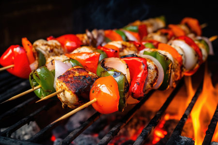 a skewer filled with seafood grilling gently over hot coals, created with generative aiの素材