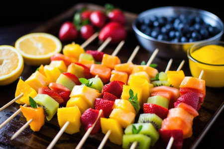 skewers of fresh fruit awaiting a sweet marinade, created with generative aiの素材