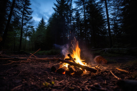 a campfire dying out with the dark forest in the background, created with generative aiの素材