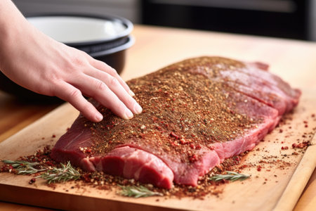 human hand rubbing a spice mix onto a beef brisket, created with generative aiの素材