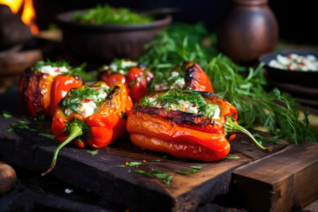 charred smoked stuffed peppers on a rustic stone slab, created with generative aiの素材