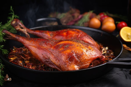 close-up of smoked turkey leg in frying pan, created with generative aiの素材