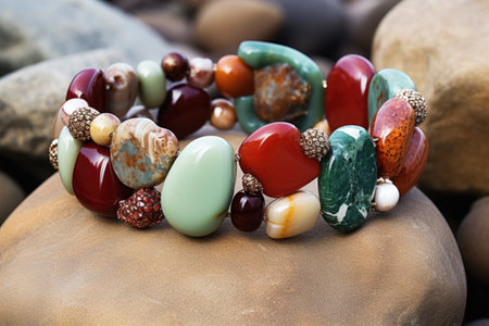 beaded bracelet made of semi-precious stones on a bed of pebbles, created with generative aiの素材