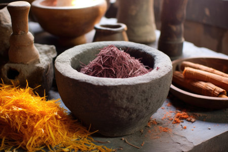 a close-up of a stone mortar and pestle grinding saffron threads, created with generative aiの素材