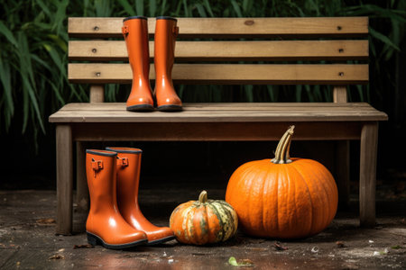 rubber boots and a pumpkin sitting on a wooden bench, created with generative aiの素材