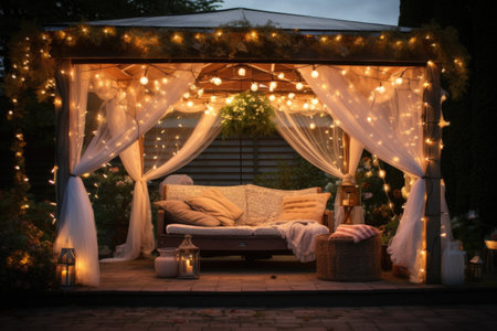 a sun lounger under a gazebo, surrounded by hanging fairy lights, created with generative aiの素材
