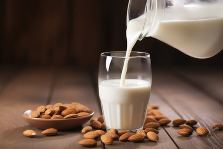 almond milk splash on a wooden table, created with generative aiの素材