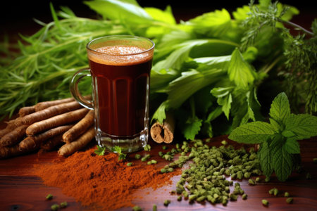 amber ale beer surrounded by sprigs of fresh hops, created with generative aiの素材