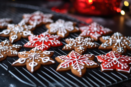 christmas-themed gingerbread cookies on a cooling rack, created with generative aiの素材
